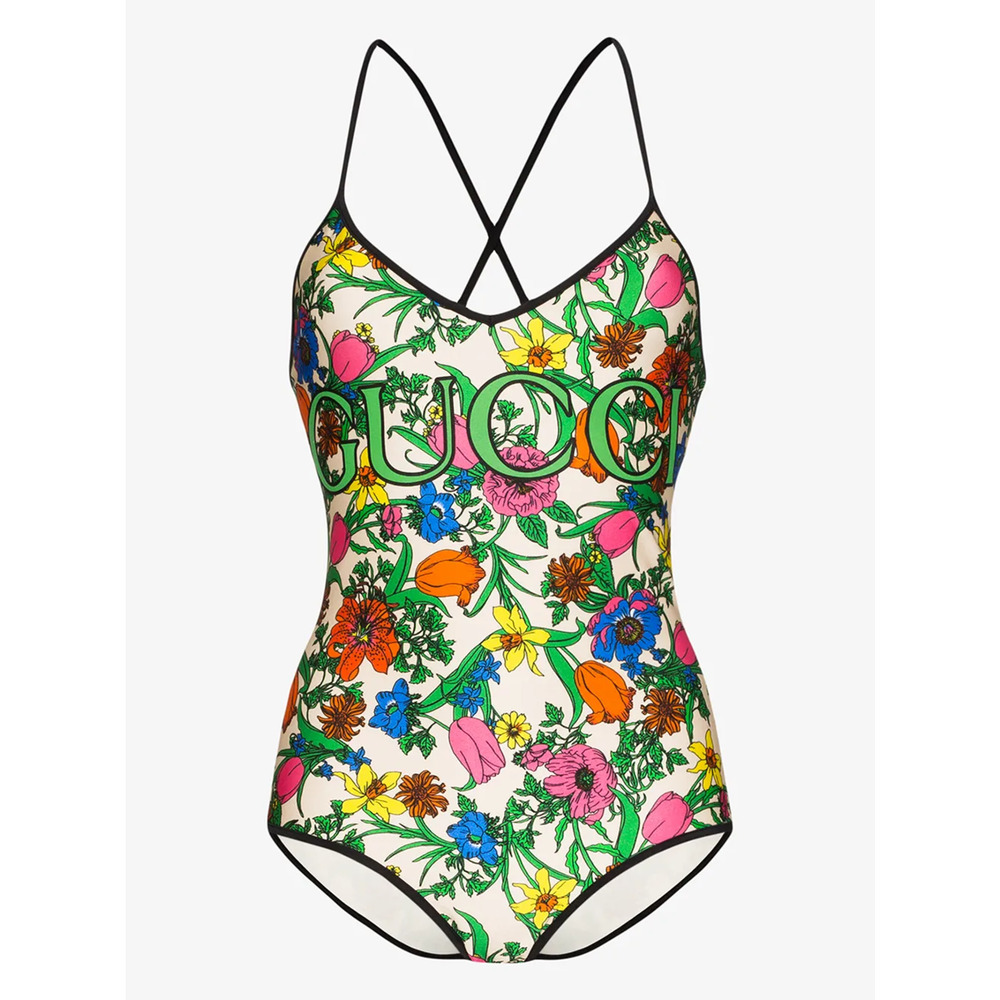 Gucci Floral Print Logo Green Criss Cross One Piece Swimsuit Bathingsuit S Small - Picture 1 of 14